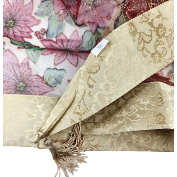 Christmas Poinsettia Table Topper 33 Inch Square Red Gold Organza with Tassels S - Picture 7 of 9